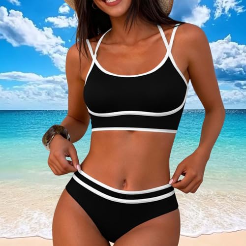 Guhmomh Bikini Damen Set Zweiteiler Bademode Push Up Badeanzug Neckholder Oberteil Badeanzüge Sommer Bikinis für Frauen Sexy Swimsuit mit Bikinihose Strand Bikini-Sets Bauchweg Strandmode Schwarz S-7