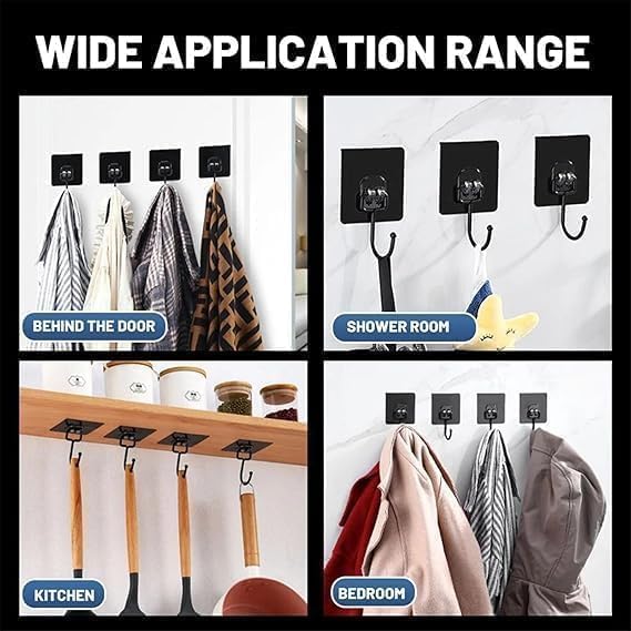Image of Self Adhesive Wall Hooks Heavy Duty Stainless Steel - Waterproof Oilproof No Drill Hooks for Bathroom, Kitchen, Towel, Clothes, Keys & Hanging Accessories (Black, Pack of 20)