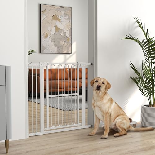 PawHut Treppenschutzgitter 94cm Türschutzgitter Absperrgitter ohne Bohren 76-104 cm Schutzgitter aus Stahl für Hunde, Haustiere Treppen, Tür, Weiß