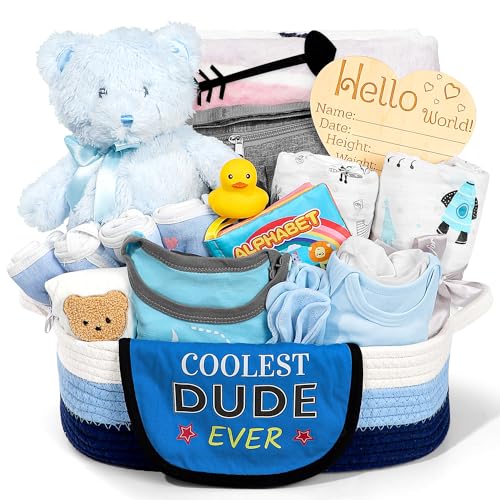 Image of iAOVUEBY Baby Gift Set for Newborn, New Baby Boy Gift Basket, Newborn Essentials Hat Onesie Bear Toys Keepsake Blanket Infant Diaper Changing Pad Bibs, Baby Shower Gifts for Boys