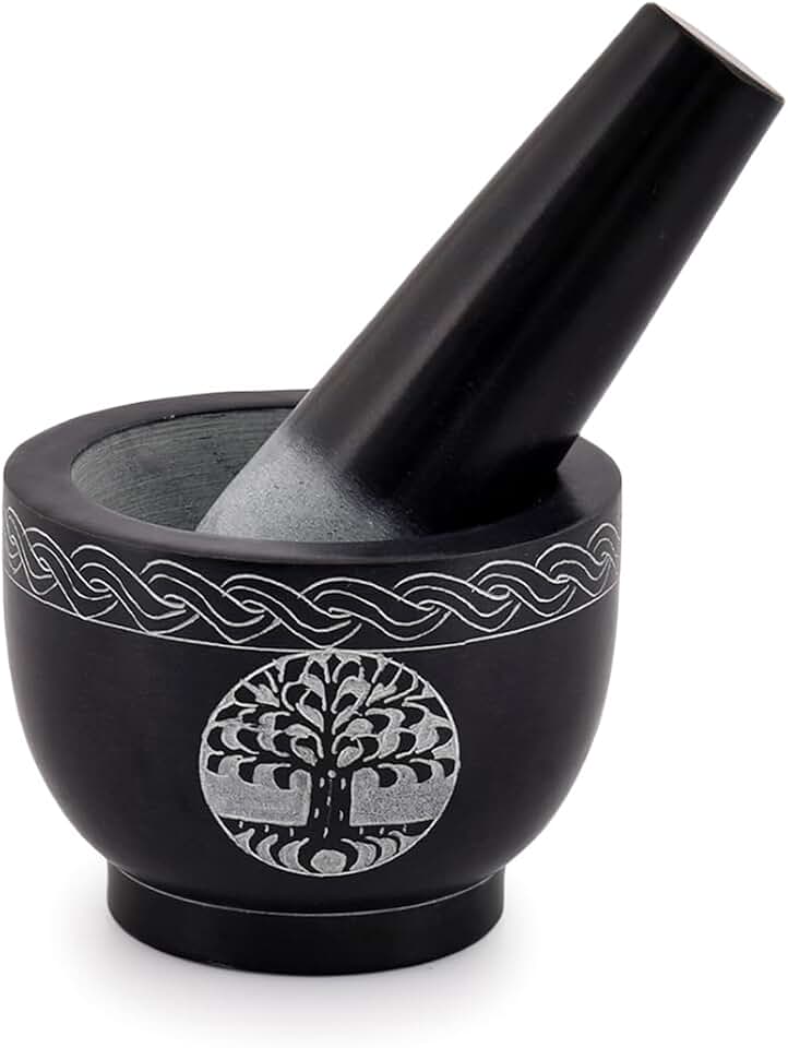 Samhita Tree of Life Natural Stone Mortar & Pestle Mortar Diameter- 3.75"x 2.75" Pestle-5" x 1.5"