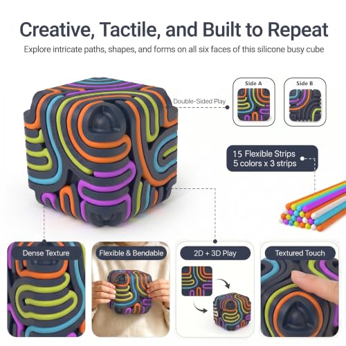 GEMUFO Sensory Activity Board Cube Fidget Toys for Kids & Adults - Zero Noise Silicone Quiet Toddler Travel Toys for Car Rides & Airplane - Autism ADHD Calming Toy Gift Stuffers with 15 Strings - Image 3