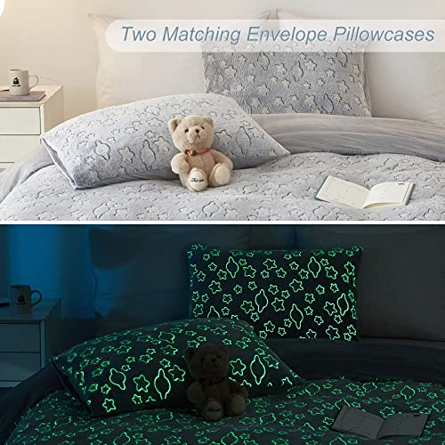Powdion Glow In The Dark Velvet Duvet Cover With Star And Planet Pattern Grey Flannel Twin Bedding Duvet Cover Sets 2 Pieces For Kids Boy And Girl, Soft Cozy Velvet Comforter Cover Twin 68''X90'' #TOP7