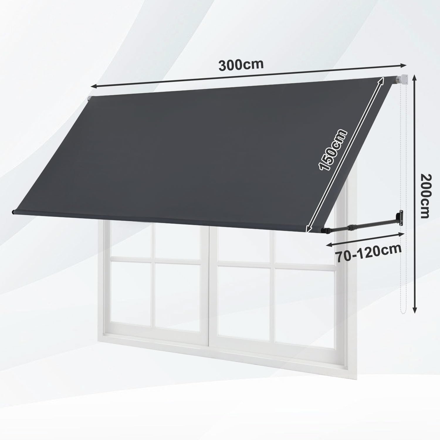 Markise Fallarmmarkise einziehbar 300x150cm, Stützarm 70-120cm verstellbar, 2m Perlenkette, Wandmontage, Sonnenschutz & Windschutz für Balkon Terrasse Garten, Dunkelgrau
