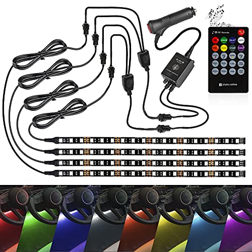 Geeon RGB Interior Car LED Light Strips 12''/30CM for Inside Vehicle Automotive Under Dash Footwell Lighting with Music Sync Remote and 12V Lighter Plug, UL Listed, Pack of 4