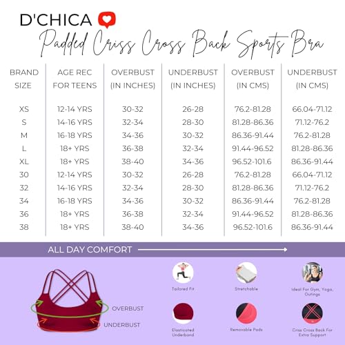 Image of DChica Essentials Padded Sports Bra for Women, High Impact Criss Cross, Removable Pads & Non Wired Bralette, Full Coverage Elasticated Underband, Daily Use Gym & Yoga