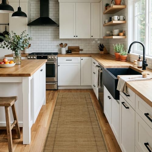 Washable Jute Runner Rug 2x6 - Non Slip Kitchen Rugs Natural with Border