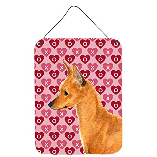 Caroline's Treasures SS4466DS1216 Min Pin Hearts Love and Valentine's Day Portrait Wall or Door Hanging Prints Aluminum Metal Sign Kitchen Wall Bar Bathroom Plaque Home Decor Front Door Plaque, 12x16,