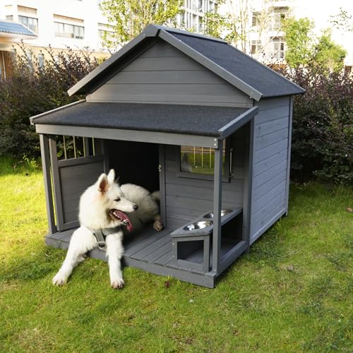 Dog House with Porch, Outdoor Indoor Wooden Doghouse with Dog Bowl, Door, Window, Removable Base Plate, Weatherproof Dog Kennel Pet House for Small Medium Large Dogs (Gray, 44''L*45''W*45''H)