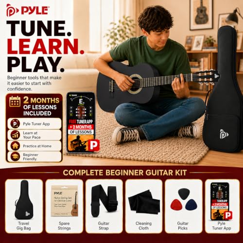 Image of Pyle 30-Inch Beginner Acoustic Guitar Kit, 1 /4 Size Junior Classical Nylon String Guitar for Kids and Adults, Includes Gig Bag, Strap, Spare Strings, Picks, Cleaning Cloth, 18 Frets, Black, Matte