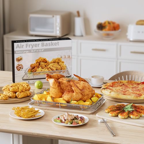 Image of Air Fryer Basket for Oven,THORSES 2 Set Air Fryer Pan and Cripy Tray Set | with 60 Pcs Parchment Papers, 0.6mmThickened Stainless Steel NonStick Air Fryer Basket and Pan for Baking (18.8 inch&14.88 inch）