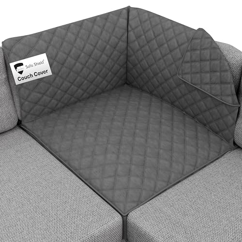 Sofa Shield Couch Sectional Covers for Dogs, Reversible Furniture Protector with Strap, Stain and Tear Resistant Cushion Cover, 30x30 inch Seat, Machine Washable Slipcover Pets, Cats, Charcoal