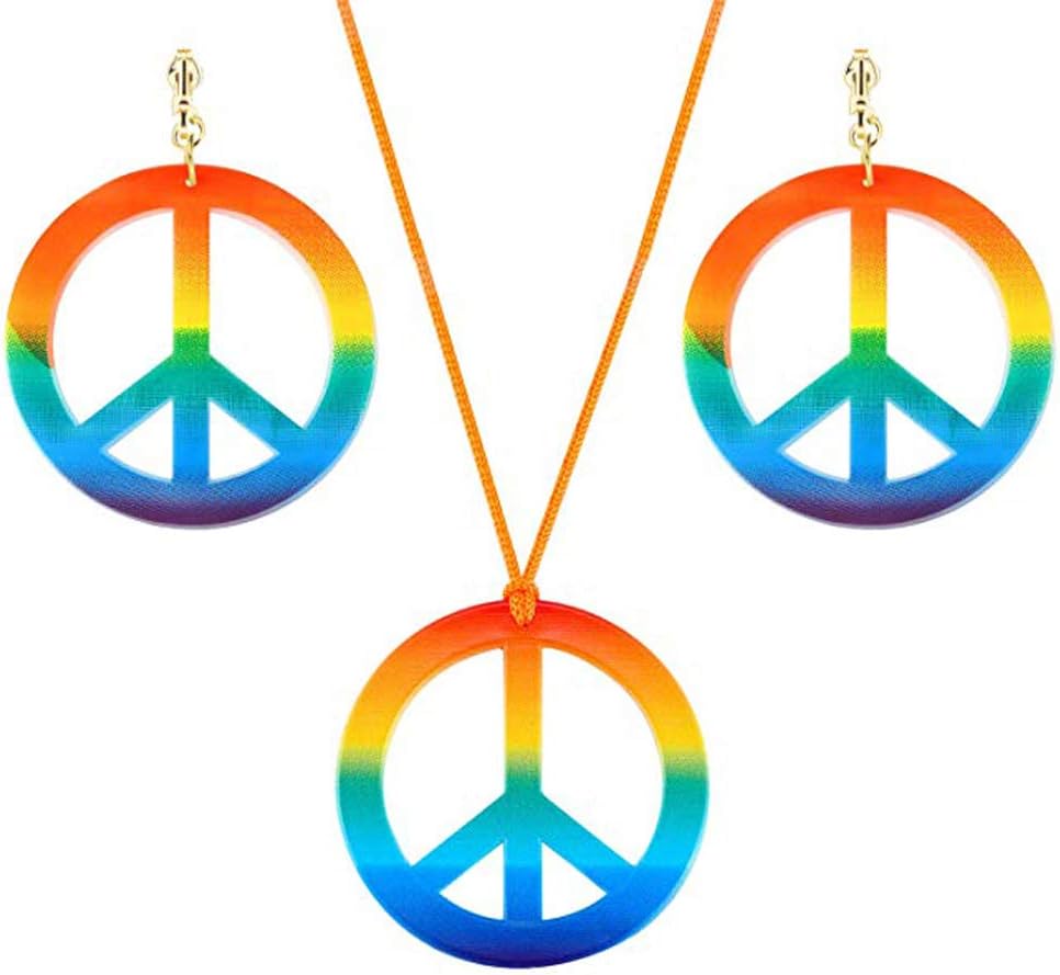 Viesky Rainbow Peace Sign Pendant Necklace Earrings Hippie Costume Jewerly Set 60s 70s