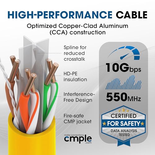 Cmple Cat6 Ethernet Cable 1000ft Plenum CMP 23AWG 550MHz UTP Solid 10Gbps PoE in-Wall Rated Bulk LAN Network Cable DSX-8000 Tested Pull Box - Yellow by Cmple - Image 6