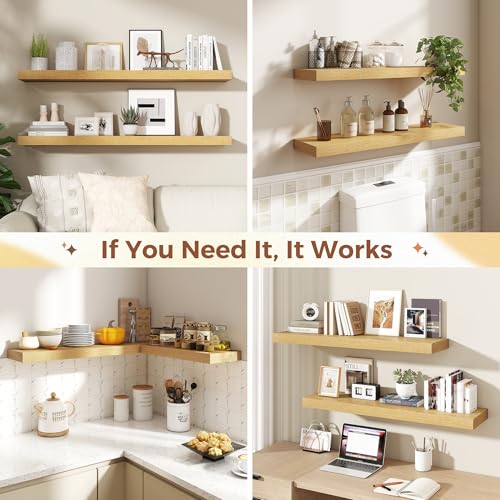 Image of Dreamland Floating Shelves for Wall,8 Inch Deep Floating Shelves,24 inch W x 8 inch D Wall Shelves for Bedroom, Living Room, Kitchen, Bathroom,Oak Color,Set of 2