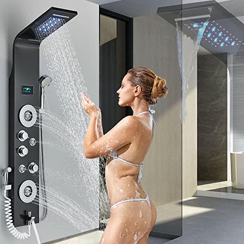 Columna de Ducha Negro con Panel LED, Cascada y Masaje Corporal, Sistema Torre de Ducha con Chorro Lluvia y Catarata miniatura 1