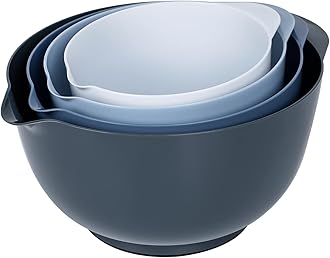 BoxedHome Nesting Plastic Mixing Bowl Set With Pour Spout, Microwave and Dishwasher Safe, BPA free Non-Slip Base, Set of 4 Size 1.7, 2.5, 3.5 and 4.5qt, Great for Prepping, Baking, Cooking (Haze Blue)
