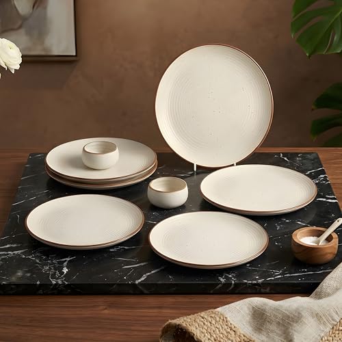 Image of miah decor Dinner Plates Ceramic Set of 6 (10 inch) & Mini Dip Bowl Set of 2 (3.5 inch) | Handcrafted Stoneware Ribbed Off White Matte Finish Plate for Dining & Gifting | Microwave & Dishwasher Safe
