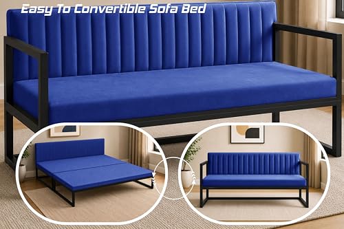 Image of Metal Sofa Cum Bed for Living Room | Modern Industrial Design Metal Frame 3 Seater Sofa Bed for Home, Office & Lounge-Blue