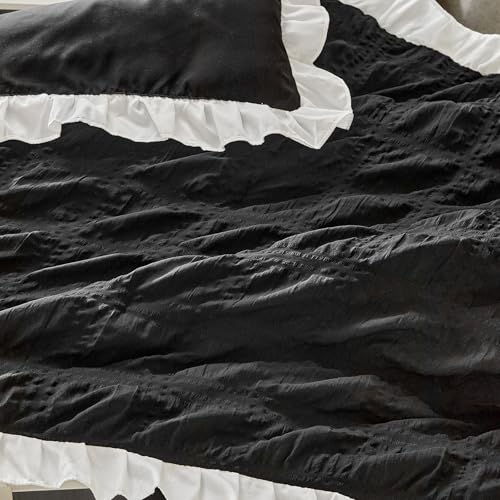 Image of Ruffled Crib Bedding Set Baby Boho Quilted Comforter with Fitted Sheet and Bed Skirt - Cute Soft Breathable Seersucker Ruffled Shabby Chic Bedding Soft Blanket Design - Black