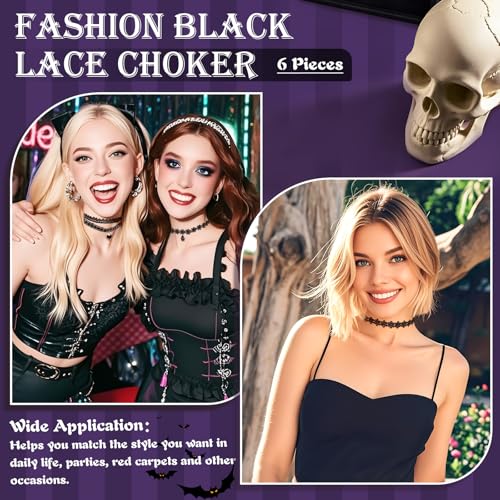 6pcs Choker Necklace Costume Women Black Lace Goth Accessories for Gothic Clothes Woman Emo Merch 80s 90s Outfits for Women Birthday Gifts Merchandise3