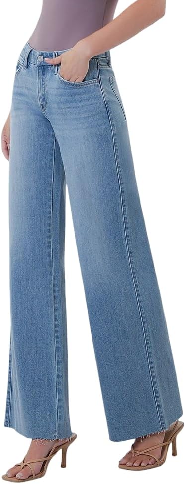 VERVET Women's Olivia Mid Rise Clean Cut Raw Hem Wide Leg Jeans