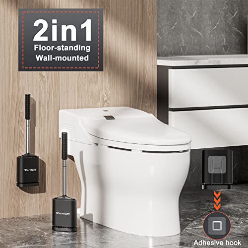 Waretary Toilet Brush And Holder Set, Under-Rim Brush Head With Silicone Bristles, Ventilated Quick-Drying Wall-Mounted/Free Standing Base, For Bathroom, Black #TOP1
