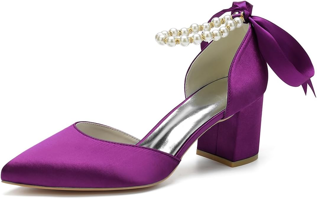 Women's Pointed Toe Pearl Wedding Shoes for Bride Low Heels Satin Heels with Bow Bridal Shoes Chunky Block Heels Comfortable Dance Shoes Pumps