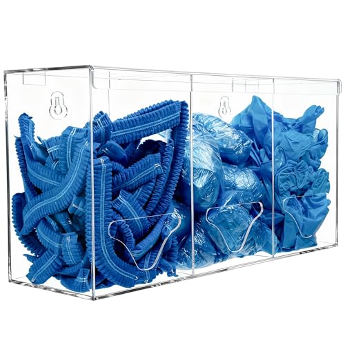 SEANADO Clear Acrylic Glove Holder Dispenser with Lid, 3 Compartments Hygiene Station Storage Box...
