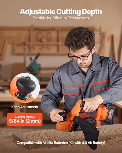 Miniatura 4 de Vevor Cepilladora Inalámbrica Para Madera, Ancho De Corte 82 Mm, 15 000 Rpm, Con Batería De Litio 4,0 Ah Y 18 V, Motor Sin Escobillas, Profundidad De Corte Ajustable Y Bolsa De Recogida De Polvo