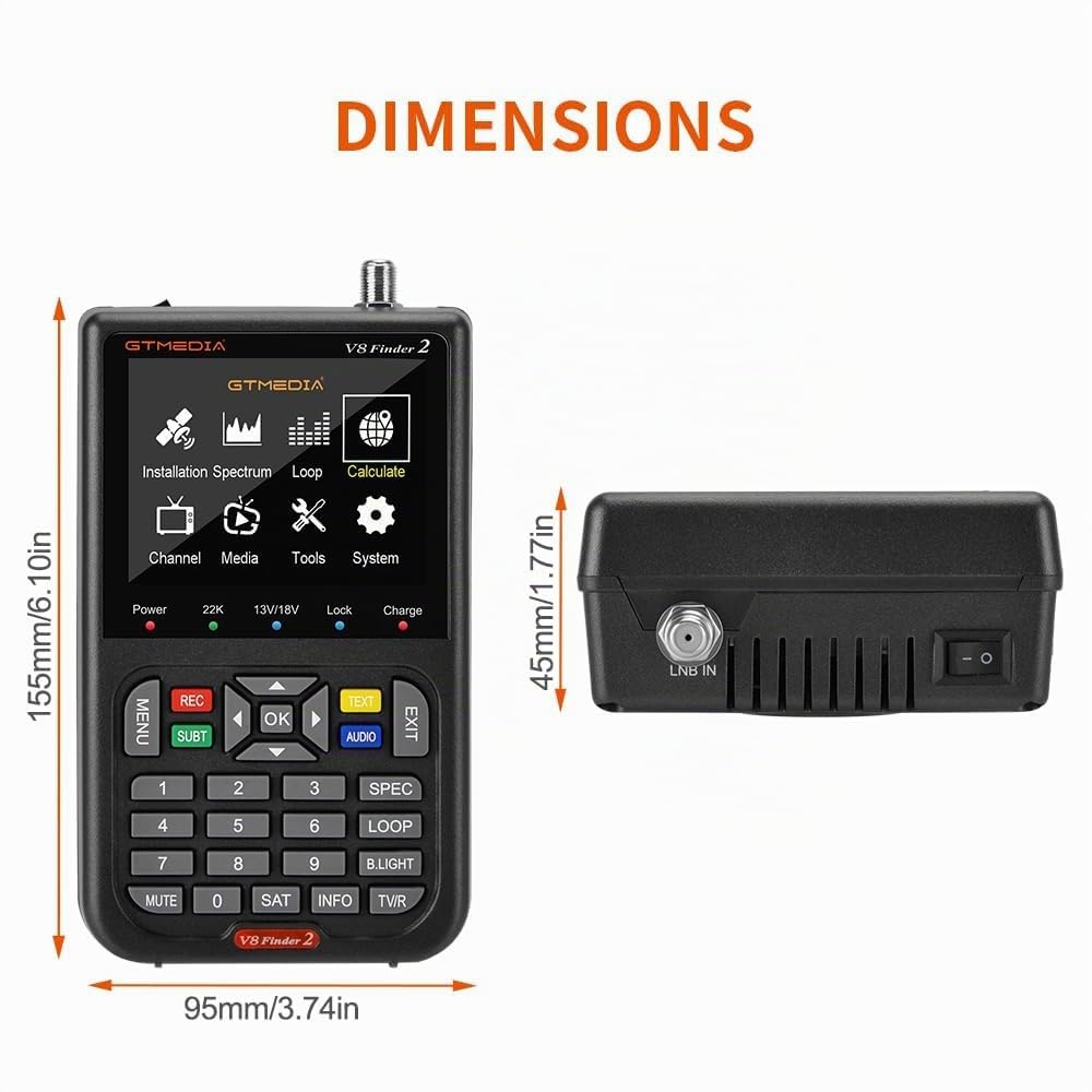 GTMEDIA V8 Finder2 Pointeurs Satellites Sat Finder Meter Localisateur Signal Satellite Numérique pour DVB-S2X/S2/S Le réglage de la Parabole Satellite, 3.5" LCD HD H.264 7,4 V/4000 mAh