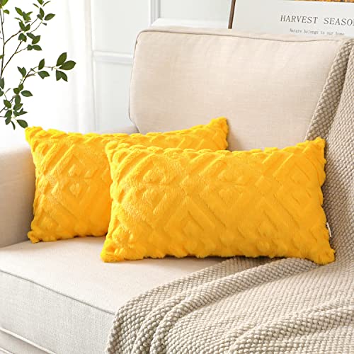 Artscope Pack of 2 Soft Plush Short Wool Velvet Decorative Cushion Covers Luxury Style Throw Pillow Covers European Pillow Shell for Sofa Bedroom Diamond Shape Yellow 30x50cm