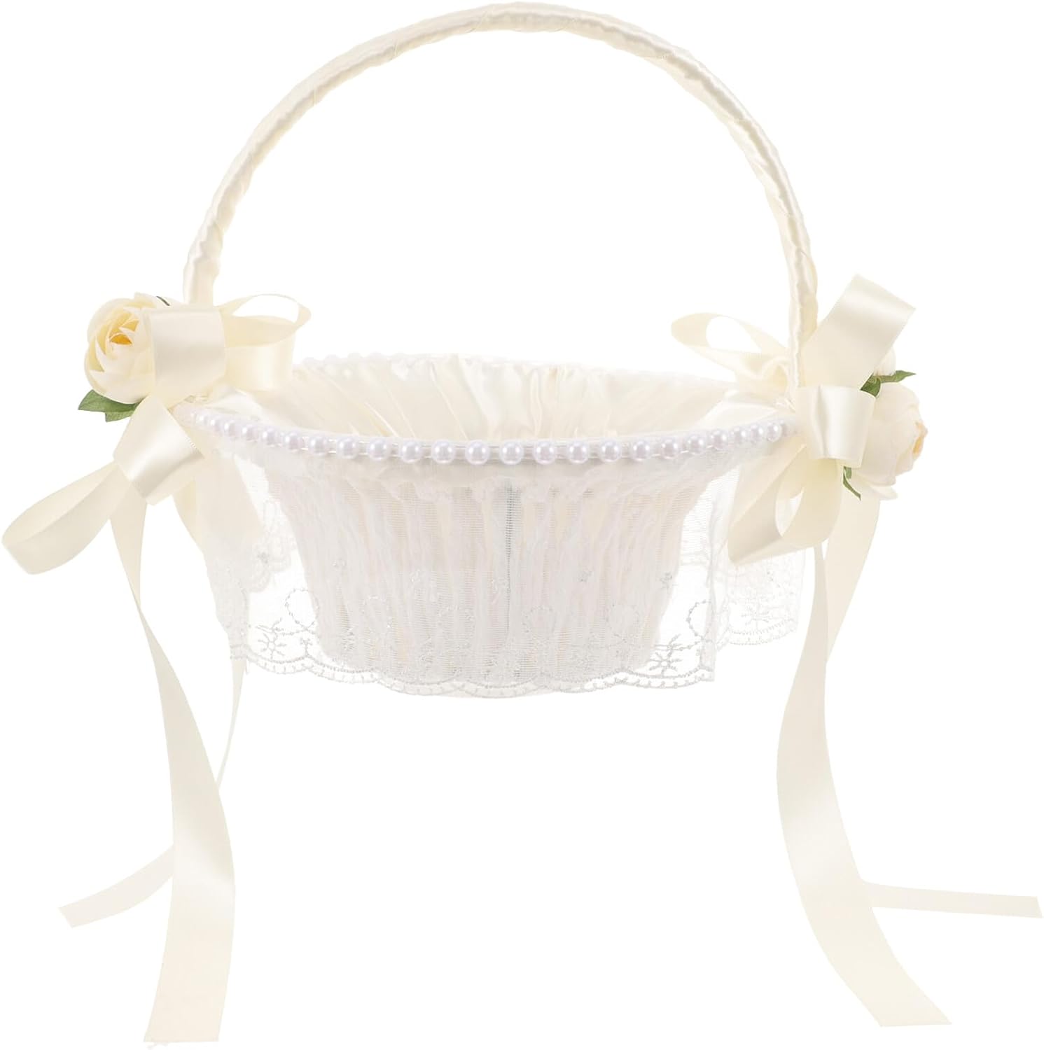 Wedding Handheld Flower Girl Basket White Artificial Rose with Bowknot Decorative Wedding Basket for Ceremony and Party Supplies