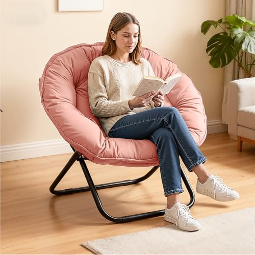 Grezone Saucer Chairs, Comfy Folding Cozy Faux Fur Living Room Reading Lounge Chair for Bedroom, Dorm & Living Rooms, Foldable Comfy Accent Seat for Small Spaces, Pink - Thumbnail 2