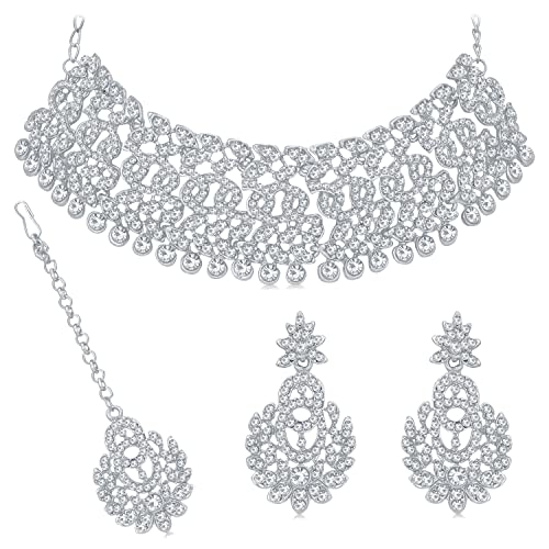 Sukkhi Padmavti Traditional Rhodium Plated Austrian Diamond Choker Necklace Set for Women (B0BQM8QKCN) Amazon Price History, Amazon Price Tracker