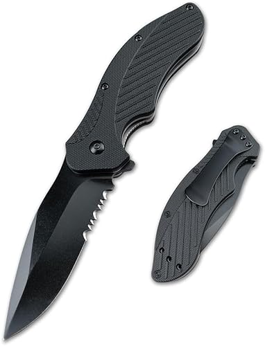 Generic Clash Black - Cuchillo plegable de bolsillo dentado, hoja de acero 8Cr13MoV de 3 pulgadas, apertura asistida con una sola mano, EDC para