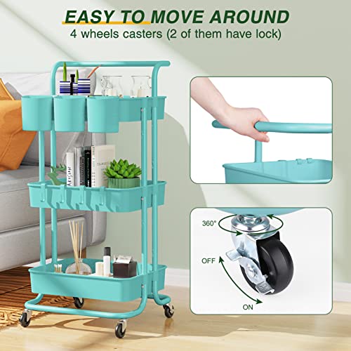 3-Tier Rolling Mobile Utility Cart With Hanging Cups & Hooks & Handle Multifunctional Organizer Storage Trolley Service Cart With Wheels Easy Assembly For Office, Bathroom, Kitchen (Blue) #TOP3