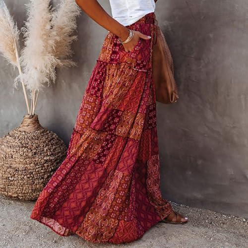 Summer Boho Flowy Long Skirts for Women Trendy Vintage Tiered Print High Waist Ethnic Vacation Beach Maxi Skirt4