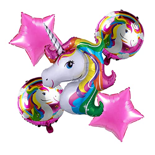 Image of Propsicle Pink Unicorn Birthday Foil Balloon Rainbow Color Pack of 5 Balloons Decoration Set for Baby Birthday | Theme Party Supplies Item