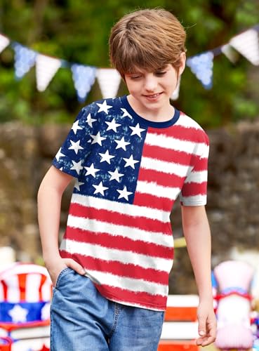 Image of BesserBay Unisex Kids 4th of July American Flag Tee Tie Dye Patriotic Short Sleeve Shirt 6-14 Years
