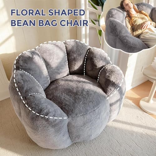 MAXYOYO Bean Bag Chair for Adults, Floral Shaped Bean Bag Sofa, Ultra Soft Faux Fur Floor Sofa, Reading Chair Lazy Couch for Living Room Bedroom, Dark Grey, Single by MAXYOYO - Image 4