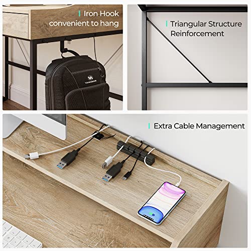 Linsy Home Computer Desk With Drawers, 47-Inch Writing Desk Study Table With Monitor Stand Riser For Home Office, Light Brown #TOP5