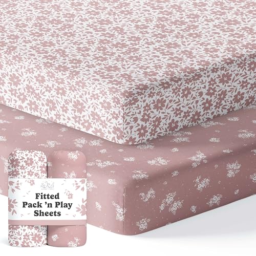 Image of 2-Set Pack N Play Sheets for Standard Pack and Plays and Mini Crib Sheet (Antique Rose) - Sheets Fitted Ultra-Soft Cotton Blend, Beautiful Antique Rose Pattern, Safe and Snug for Baby