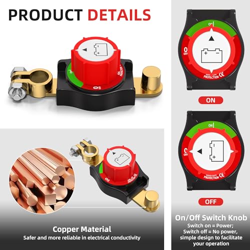 Image of Joinfworld Top Post Battery Disconnect Switch 12V-48V Battery Kill Switch Negative On /Off Battery Switch for Cars, Vehicles, RVs and Boats