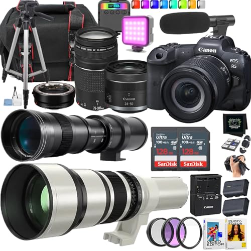 Canon EOS R5 Mirrorless Camera + Canon RF 24-50mm STM and EF 75-300mm + 420-800mm and 650-1300mm Lens (25 Piece Bundle) (Renewed)