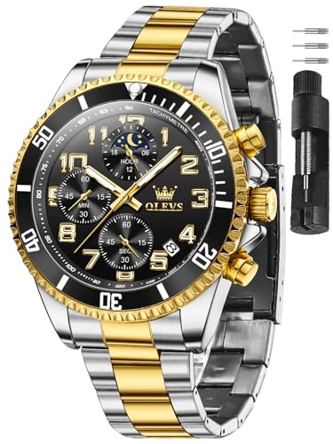 Image of OLEVS Watches for Men Stainless Steel Dress Men Watch with Date Big Face Chronograph Waterproof Luxury Fashion Watch Blue /Black /Gold /Green /Silver Face Relojes para Hombres