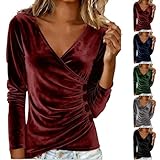 Samt Bluse Damen,Sexy Elegant Tiefer V-Ausschnitt Shirt Einfarbig Langarmshirt mit Kordelzug Slim Fit Blusenshirt Exquisit Damenblusen Oberteile für Frauen Party Club Alltag Festlich