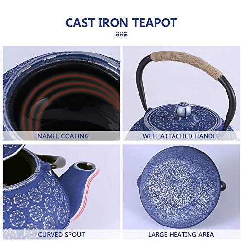 Image of Ufine Blue Floral Cast Iron Japanese Style Teapot Set Tetsubin Tea Brewing Kettle with 4 Cups, Stainless Steel Infuser for Stove Top - 26 oz