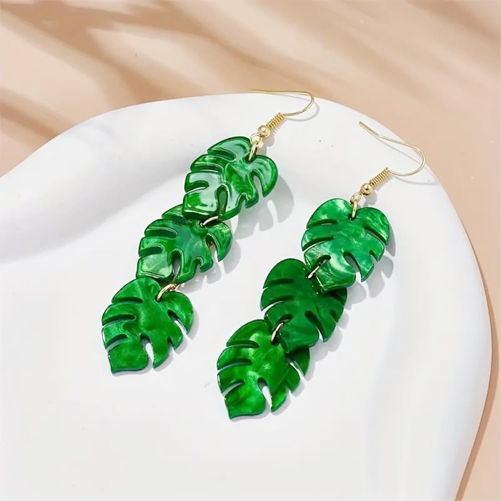 Green Palm Leaf Dangle Drop Earrings for Women Unique Monstera Leaves Acrylic Dangling Statement Hook Lightweight Hypoallergenic Jewelry for Everyday Wear - Image 4