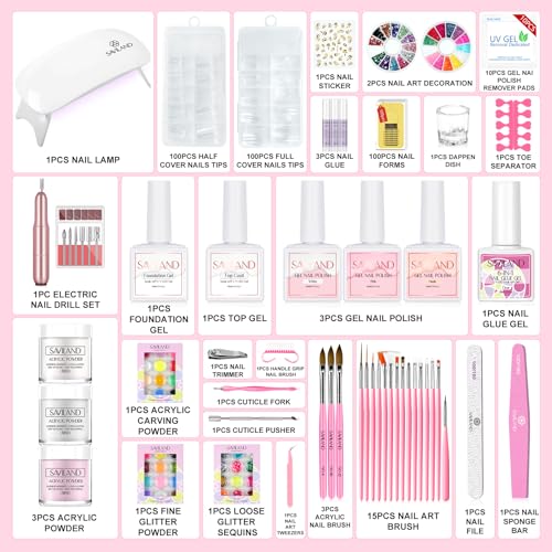 Image of SAVILAND Acrylic Nail Kit with Drill: Professional Nails Kit Acrylic Set with Everything U V Light Nail Art Brush Glitter Powder Nail Stuff for Home DIY Salon Use Christmas Gift Set